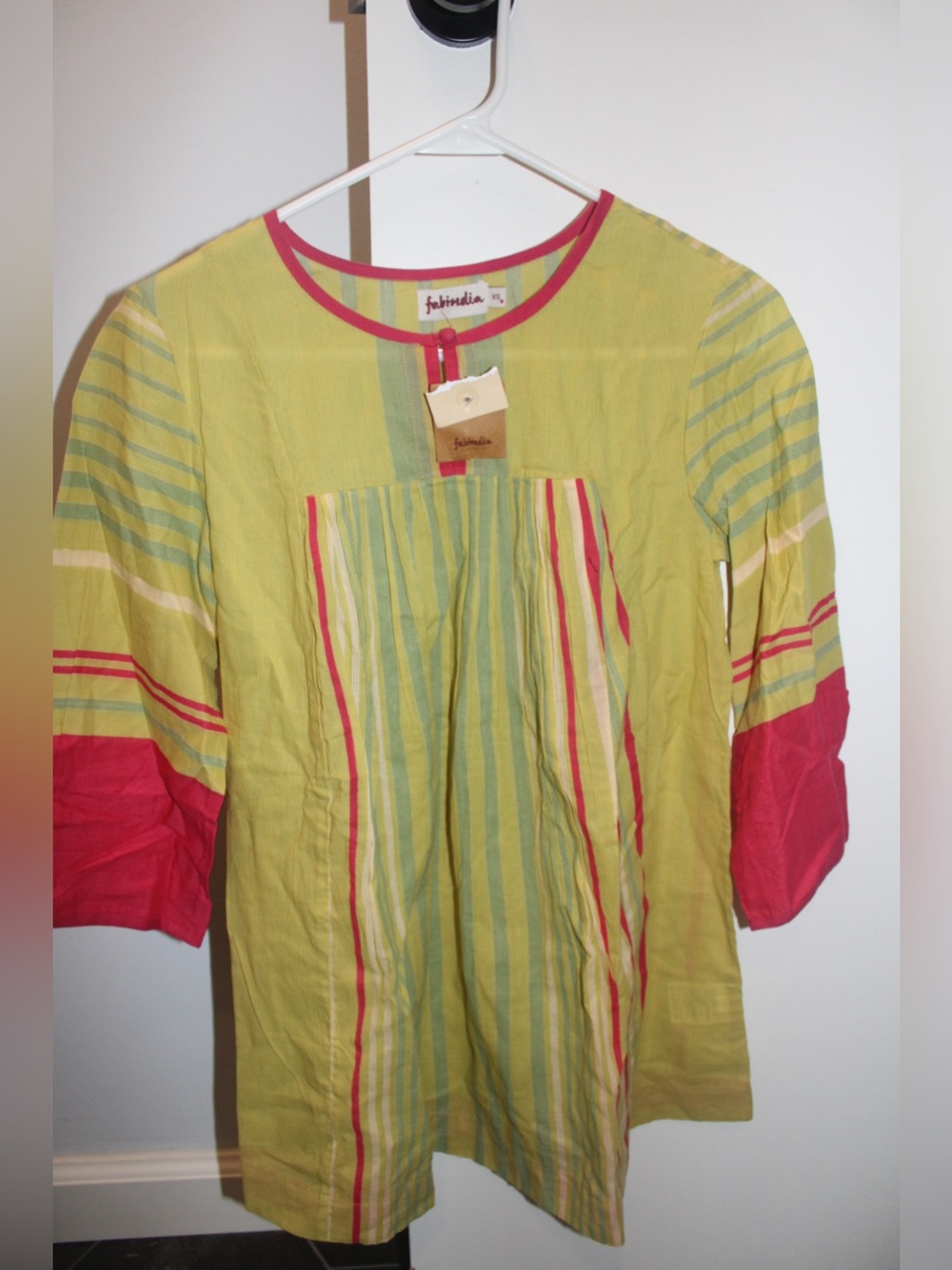 Fabindia NWT Lime Green Pink Striped Cotton Kurta Tunic Top - Women's XS